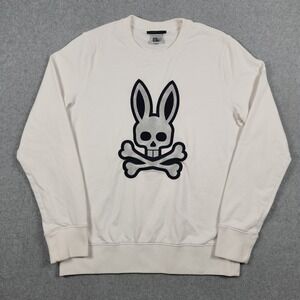 Psycho Bunny Sweatshirt Mens Medium White Crewneck Embroidered Skull Bunny Logo